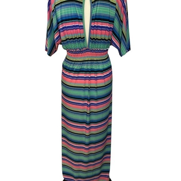 Sunkissed vertical striped, half sleeve, V-neck multicolored maxi dress. - Picture 2 of 4